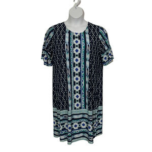 Women's size large black, blue multi colored short sleeve knee length dress